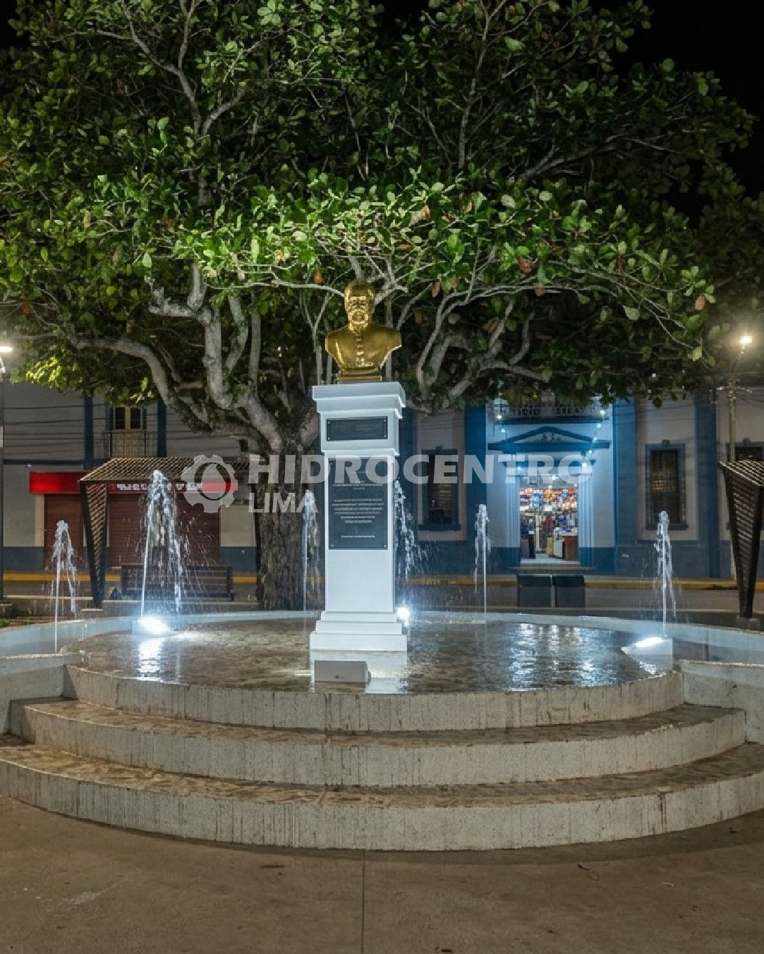 Estatua en fuente iluminada nocturna.