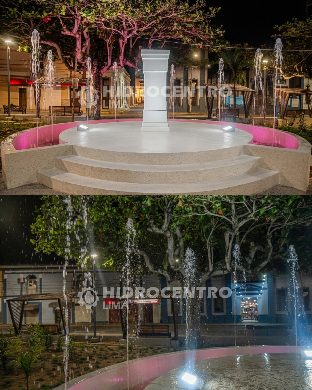 Fuente iluminada en un parque.