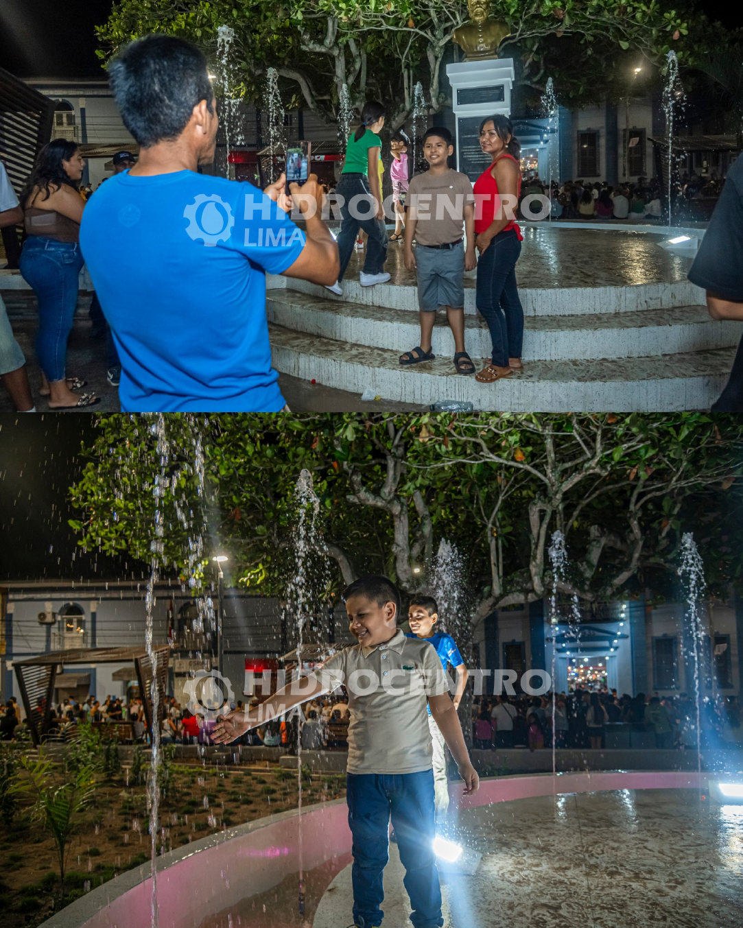 Familias disfrutando en una fuente.